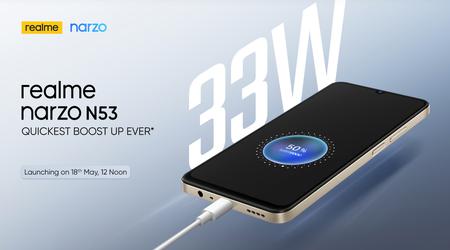 realme dévoilera le 18 mai le Narzo N53, un smartphone économique doté d'un écran LCD, d'une batterie de 5 000 mAh et d'une capacité de charge de 33 W.