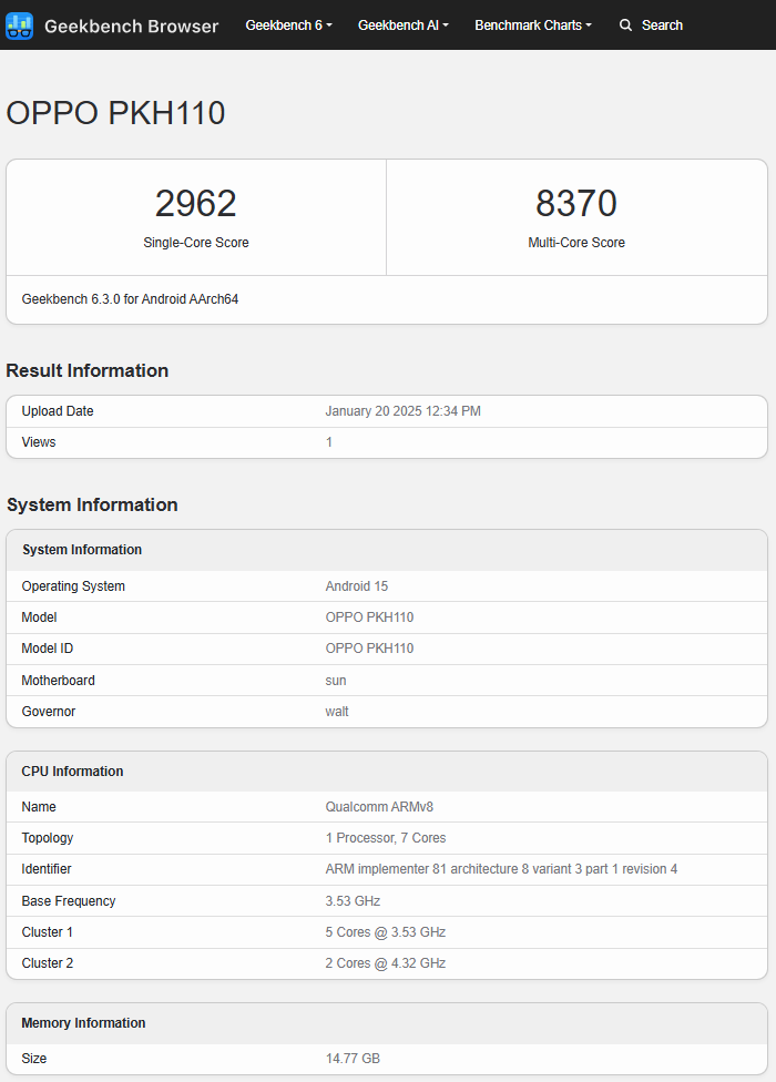 Résultats du test du Oppo Find N5 Résultats du test du Oppo Find N5 (modèle PKH100). Illustration : Geekbench