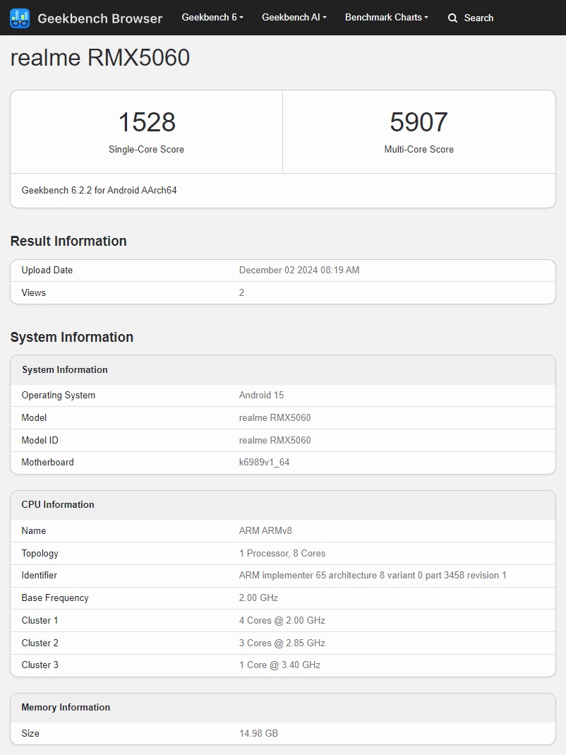 Тестирование Realme Neo 7 на Geekbench Результаты теста Realme Neo7 в Geekbench. Источник: Geekbench