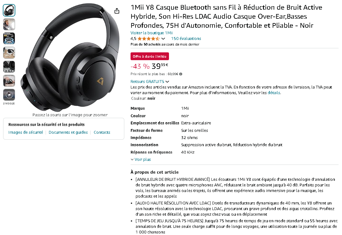 Casque 1Mii Y8 Casque 1Mii Y8 - réduction de bruit hybride et qualité audio