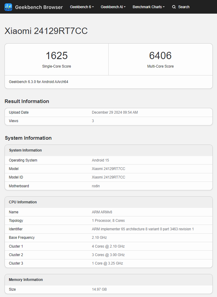 Illustration : Geekbench Résultat du test du processeur Dimensity 8400-Ultra sur le smartphone Redmi Turbo 4