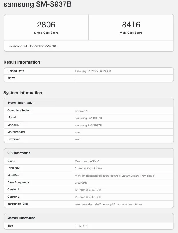 Galerie S25 Edge sur Geekbench Testez la version mondiale du Galaxy S25 Edge sur Geekbench