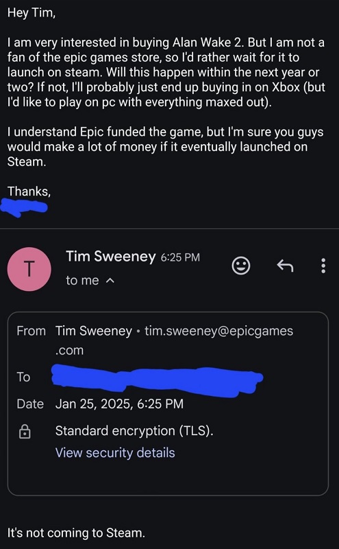 Capture d'écran de la correspondance avec Tim Sweeney Capture d'écran de la correspondance avec Tim Sweeney