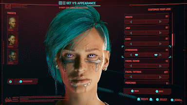 Un écran entier de personnalisation des personnages dans Cyberpunk 2077