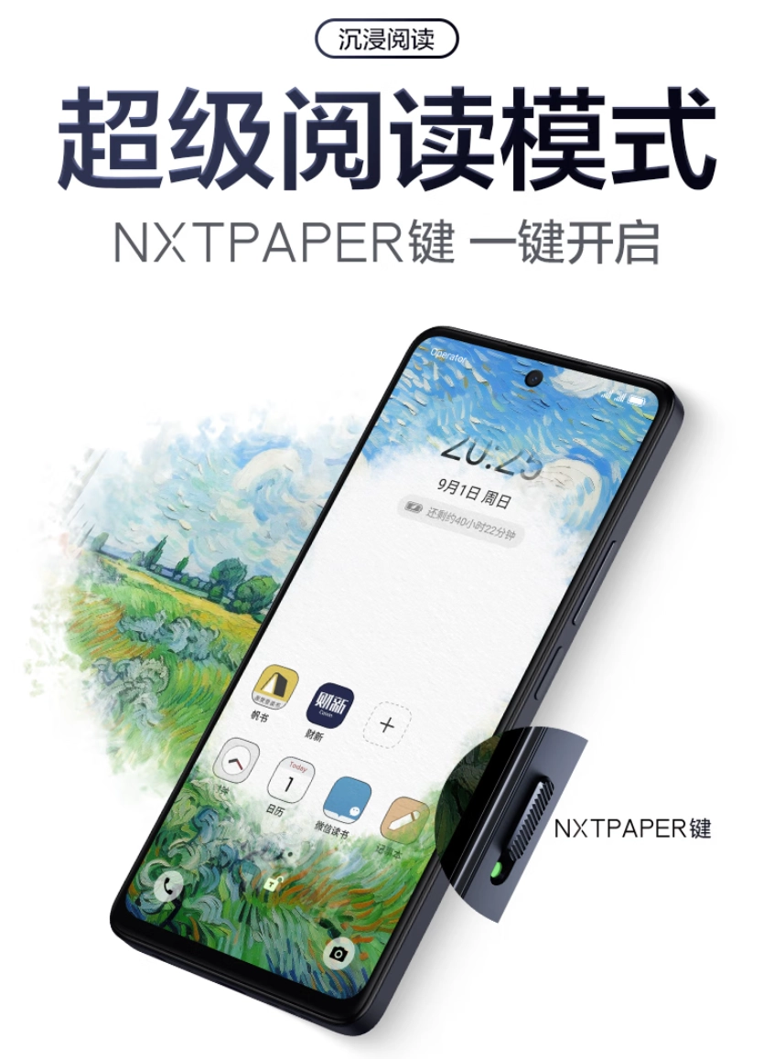 Interrupteur dédié NXTPAPER sur le boîtier du smartphone Un interrupteur NXTPAPER dédié sur le boîtier du smartphone