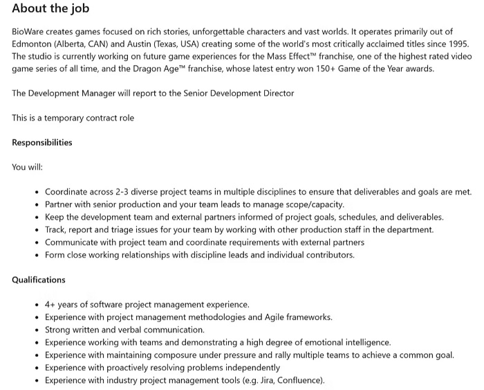 Une offre d'emploi chez BioWare laisse entendre que le studio travaille sur un autre projet en plus de Dragon Age : Dreadwolf et un nouveau volet de Mass Effect.-2 Une offre d'emploi chez BioWare laisse entendre que le studio travaille sur un autre projet en plus de Dragon Age : Dreadwolf et un nouveau volet de Mass Effect.-2