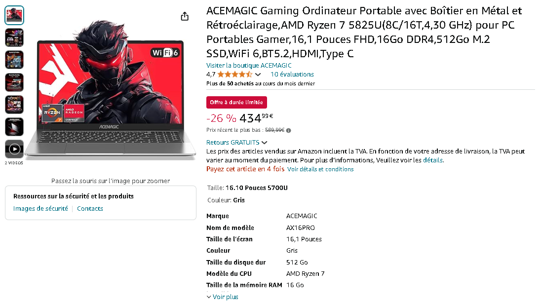 ACEMAGIC AX16 PRO Gaming Laptop Capture d'écran de l'ACEMAGIC AX16 PRO sur Amazon