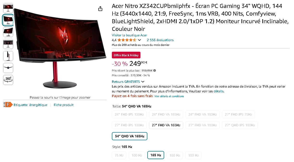 Moniteur Acer Nitro XZ342CUP Capture d'écran du moniteur gaming Acer Nitro XZ342CUP sur Amazon