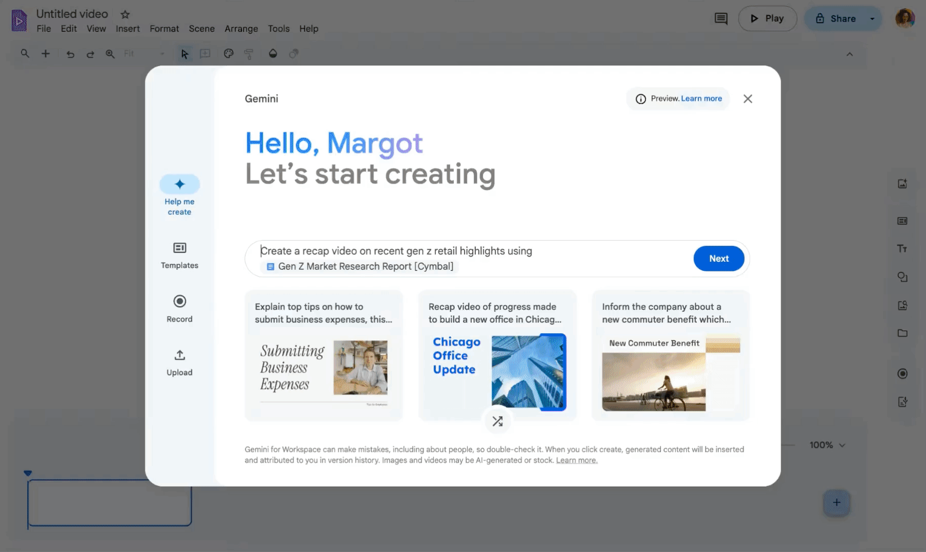 La nouvelle option Google Vids. Illustration : Google