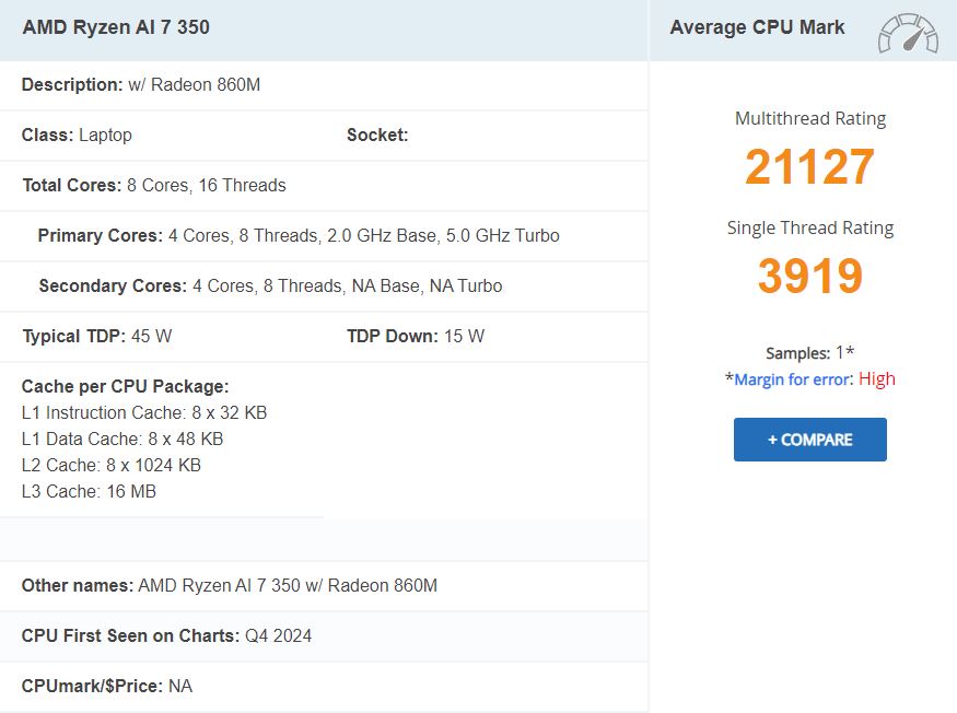 Résultats des tests de performance de l'AMD Ryzen AI 7 350 dans PassMark Résultats des tests de performance de l'AMD Ryzen AI 7 350 dans PassMark