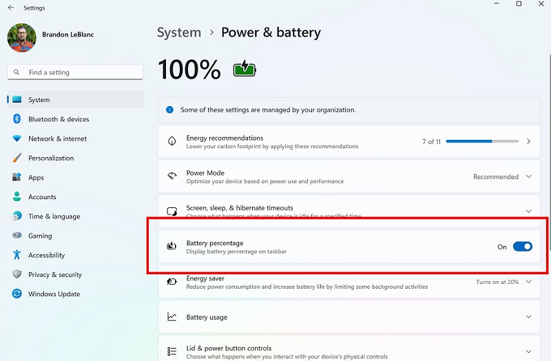 Commutateur pour activer l'affichage du pourcentage de la batterie dans les réglages Commutateur pour activer l'affichage du pourcentage de la batterie dans les réglages