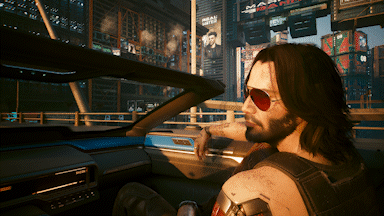 Johnny Silverhand dans une voiture dans Cyberpunk 2077.