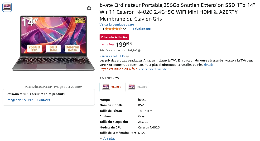BVATE B5 14 pouces, ordinateur portable Capture d'écran de la page des BVATE B5 sur Amazon