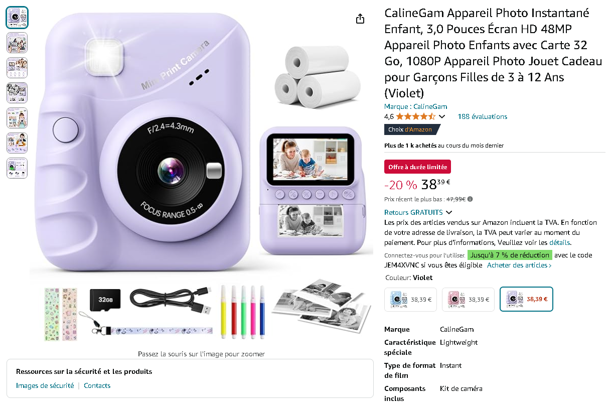 CalineGam Appareil Photo Instantané pour Enfants CalineGam Appareil Photo Instantané pour Enfants