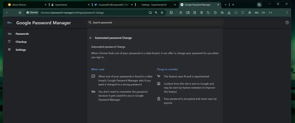 Capture d'écran de la nouvelle fonction de réinitialisation du mot de passe dans Google Chrome