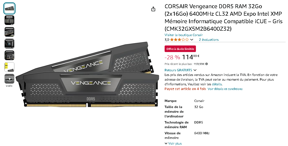CORSAIR Vengeance DDR5 sur Amazon Capture d'écran de la mémoire CORSAIR Vengeance DDR5 sur Amazon
