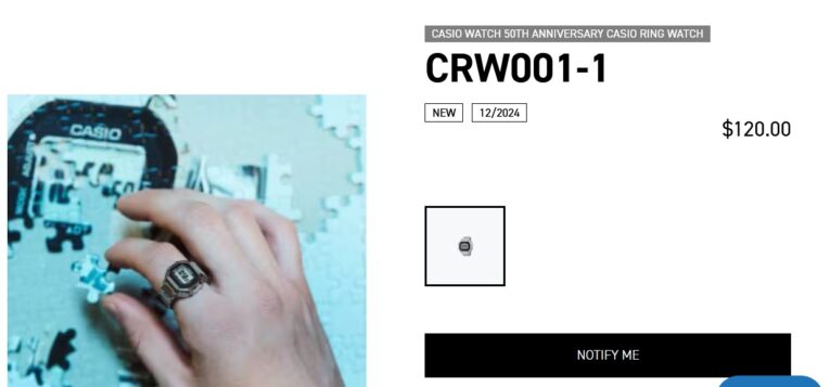 CRW001-1. Illustration : Casio CRW001-1 ring watch on the background of information about restocking in the USA