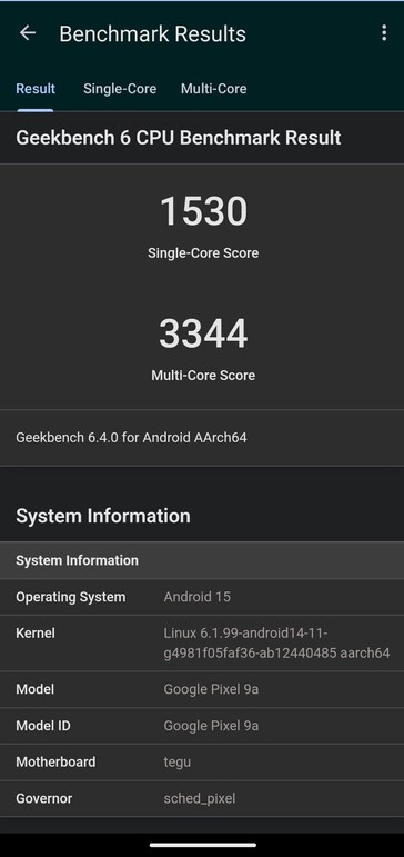 Résultats des tests Geekbench pour le Pixel 9a Résultats des tests Geekbench pour le Pixel 9a