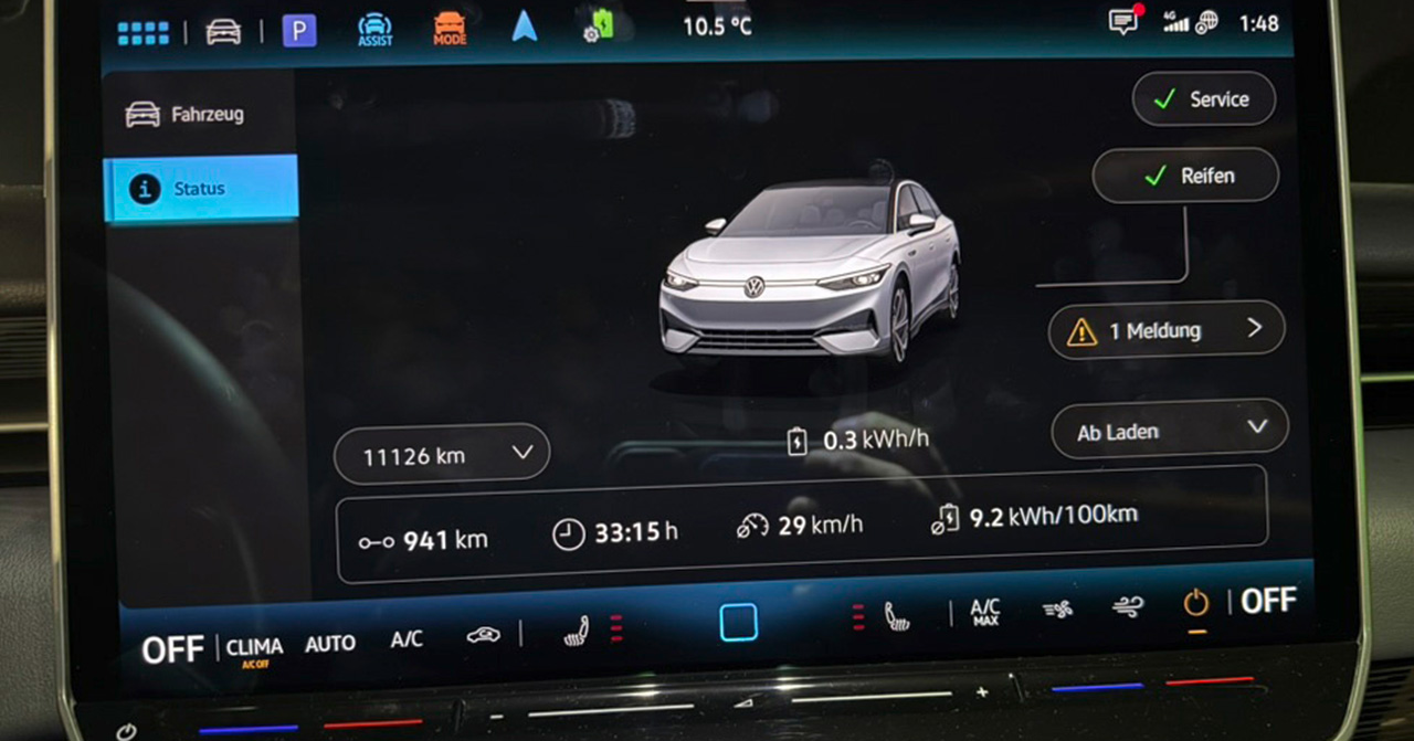 VW ID.7 Pro S : kilométrage avec une seule charge Le VW ID.7 Pro S a parcouru 941 kilomètres avec une seule charge de batterie.