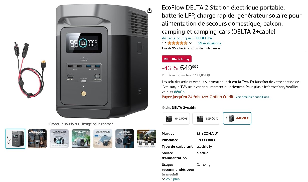 Station électrique portable EcoFlow DELTA 2 Capture d'écran de la station électrique portable EcoFlow DELTA 2 sur Amazon