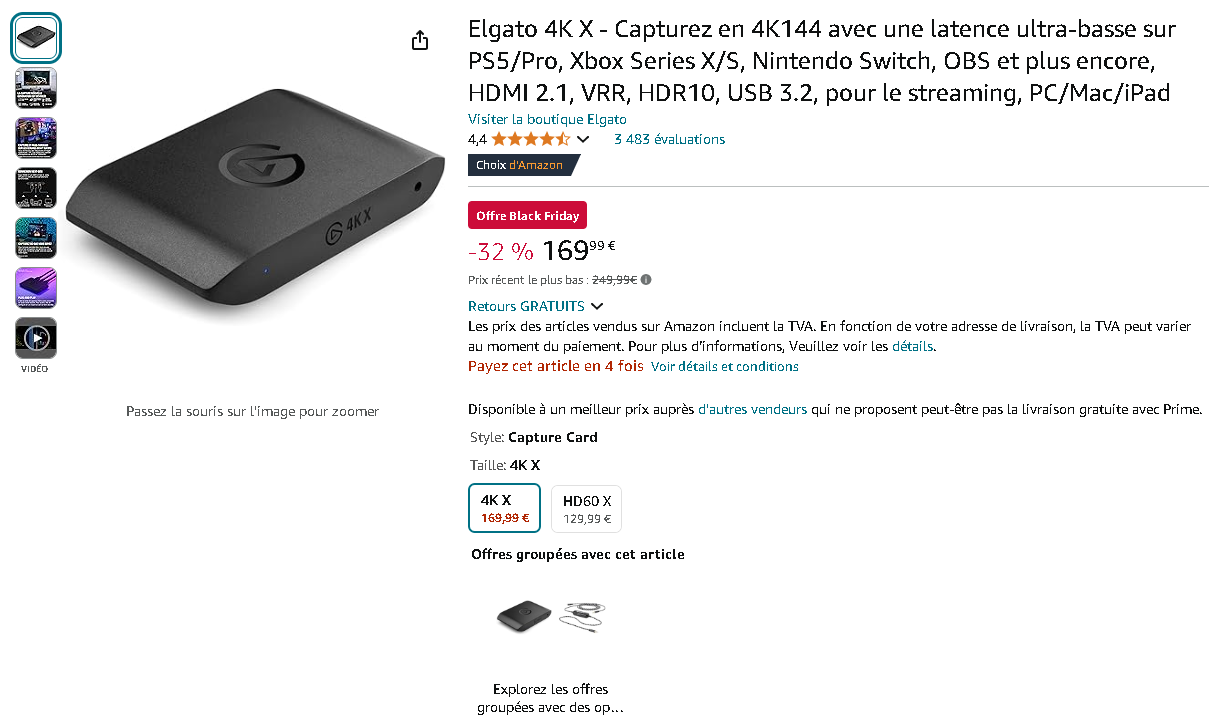 Elgato Game Capture 4K X Capture d'écran de la page de l'Elgato Game Capture 4K X sur Amazon