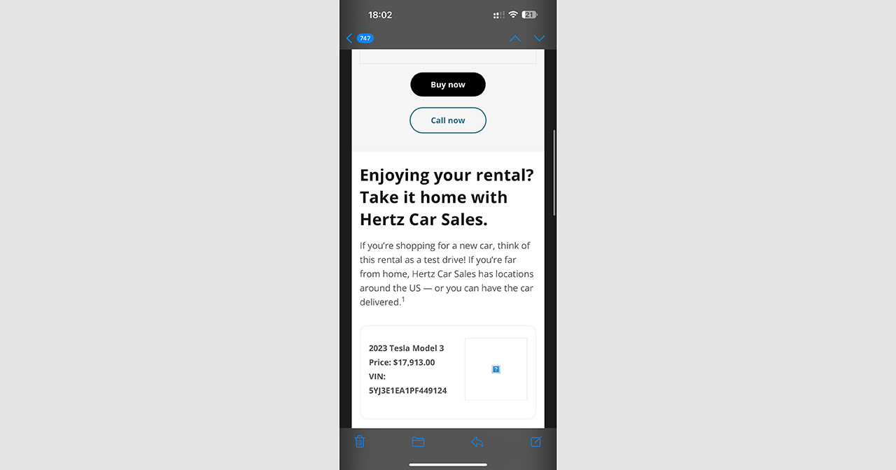 Capture d'écran d'un courriel de Hertz proposant de racheter la Tesla Model 3 Capture d'écran d'un courriel de Hertz proposant de racheter la Tesla Model 3
