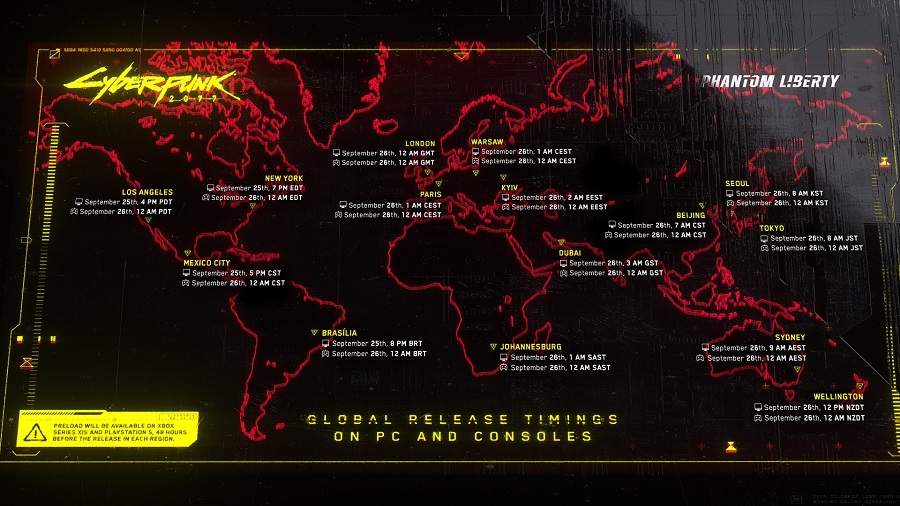 Maintenant, vous ne le manquerez certainement pas ! CD Projekt RED a publié une carte visuelle indiquant la date de sortie de l'extension Phantom Liberty pour Cyberpunk 2077 dans les principaux fuseaux horaires.-2 Maintenant, vous ne le manquerez certainement pas ! CD Projekt RED a publié une carte visuelle indiquant la date de sortie de l'extension Phantom Liberty pour Cyberpunk 2077 dans les principaux fuseaux horaires.-2