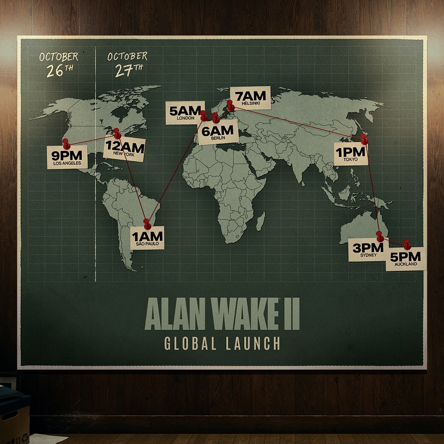 Impossible de passer à côté : Remedy a publié une carte visuelle de la sortie d'Alan Wake 2, indiquant l'heure de sortie du jeu dans les principaux fuseaux horaires.-2 Impossible de passer à côté : Remedy a publié une carte visuelle de la sortie d'Alan Wake 2, indiquant l'heure de sortie du jeu dans les principaux fuseaux horaires.-2