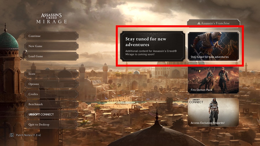 Ubisoft prépare-t-il finalement un add-on pour Assassin's Creed Mirage ? Une mystérieuse bannière publicitaire a été trouvée dans le menu principal du jeu.-2 Ubisoft prépare-t-il finalement un add-on pour Assassin's Creed Mirage ? Une mystérieuse bannière publicitaire a été trouvée dans le menu principal du jeu.-2