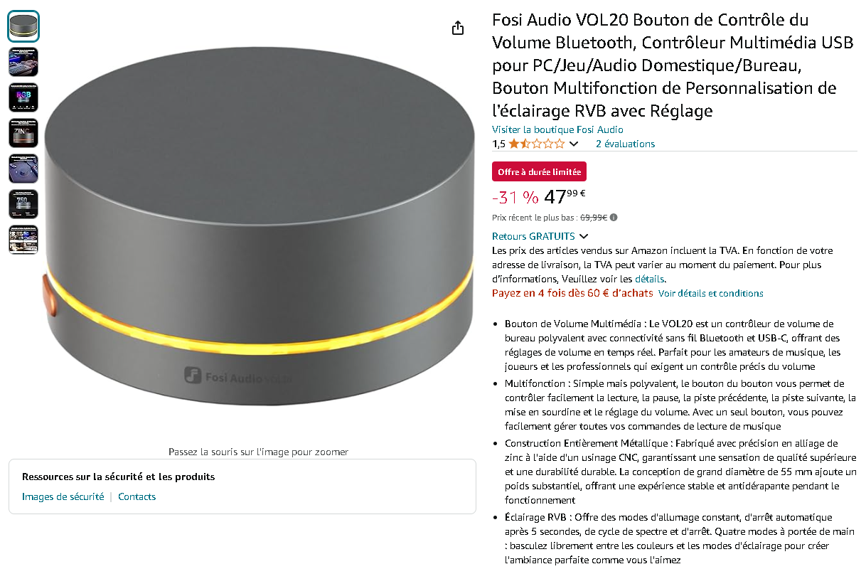 Fosi Audio VOL20 Image du Fosi Audio VOL20 montrant son design élégant et son bouton de contrôle