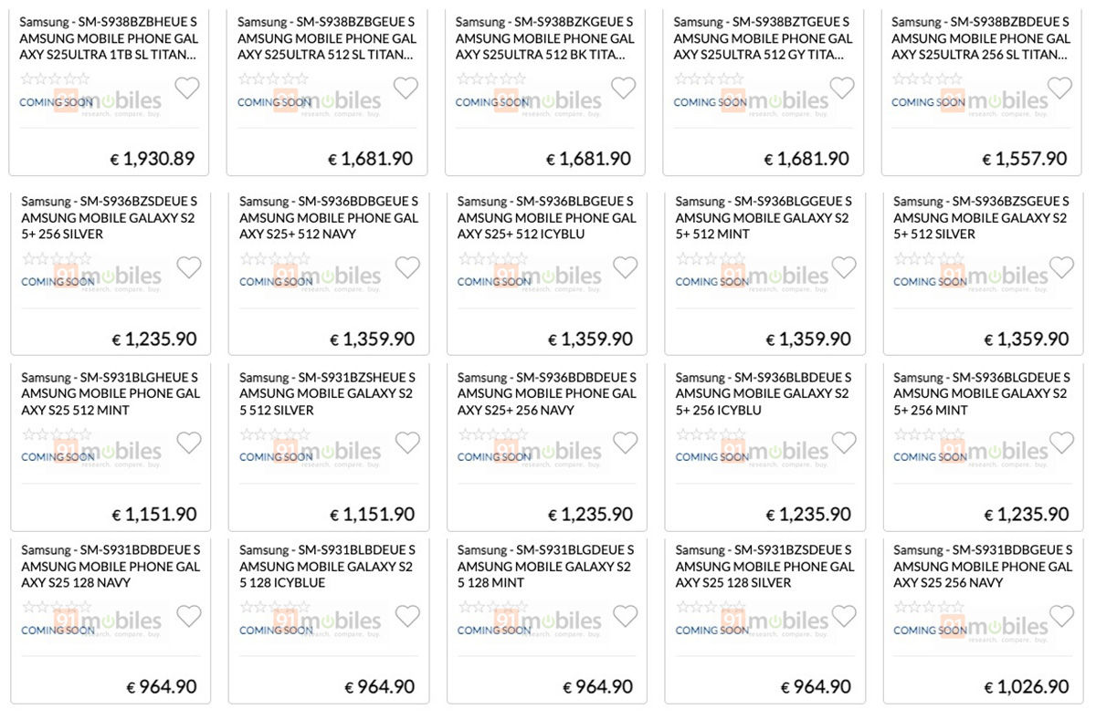Comparaison des prix pour le Samsung Galaxy S25 avec différentes modifications Comparaison des prix pour le Samsung Galaxy S25 avec différentes modifications
