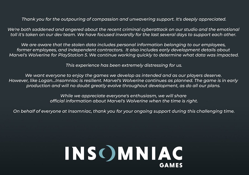 Accablée mais pas brisée : l'équipe d'Insomniac Games a publié une déclaration sur les conséquences de la fuite massive d'informations importantes.-2 Accablée mais pas brisée : l'équipe d'Insomniac Games a publié une déclaration sur les conséquences de la fuite massive d'informations importantes.-2