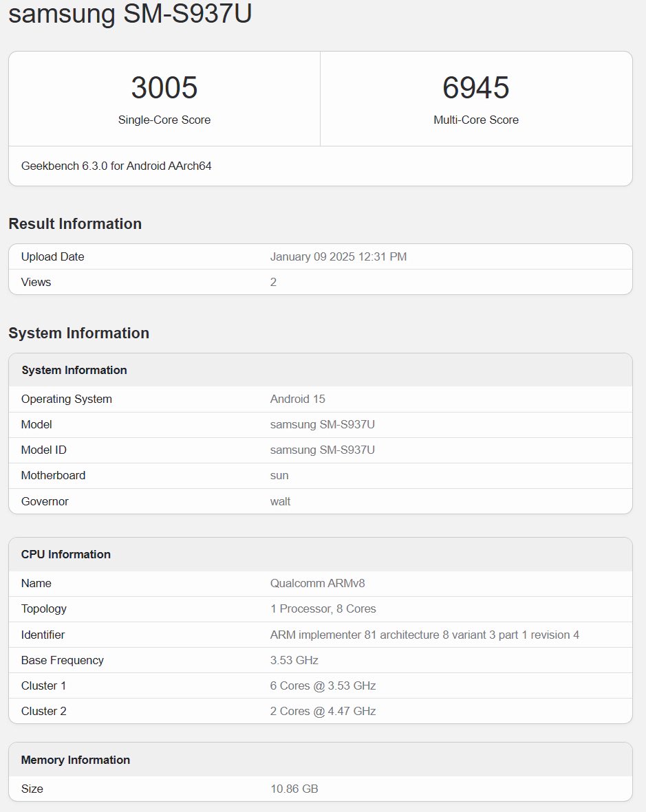 Résultats des tests du Galaxy S25 Slim sur Geekbench Résultats des tests du Galaxy S25 Slim sur Geekbench