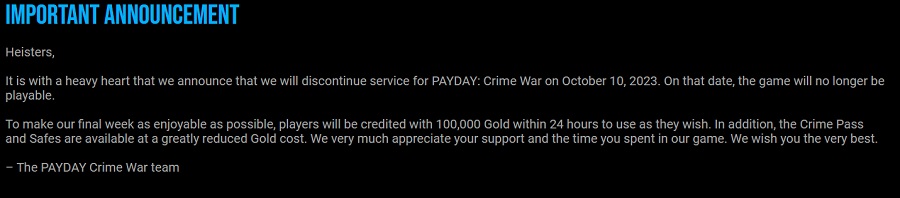 Les braquages s'arrêtent : dans quelques jours, le jeu mobile Payday : Crime War cessera d'exister. Les développeurs ont annoncé cette décision inattendue-2 Les braquages s'arrêtent : dans quelques jours, le jeu mobile Payday : Crime War cessera d'exister. Les développeurs ont annoncé cette décision inattendue-2