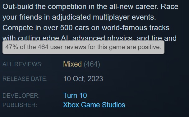 Peu de contenu et beaucoup de bugs : Les utilisateurs de Steam ont critiqué le simulateur de course Forza Motorsport, sorti aujourd'hui.-2 Peu de contenu et beaucoup de bugs : Les utilisateurs de Steam ont critiqué le simulateur de course Forza Motorsport, sorti aujourd'hui.-2