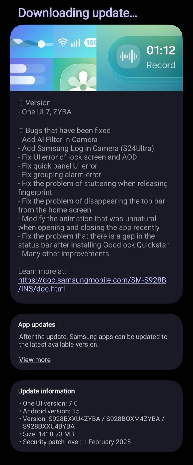 Mise à jour de One UI 7.0 Capture d'écran décrivant la nouvelle mise à jour One UI 7.0