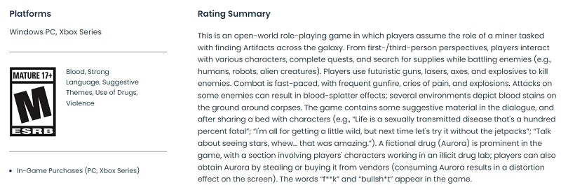 Violence, nudité, drogues et langage grossier : L'ESRB attribue à Starfield la classification Mature (17+).-2 Violence, nudité, drogues et langage grossier : L'ESRB attribue à Starfield la classification Mature (17+).-2