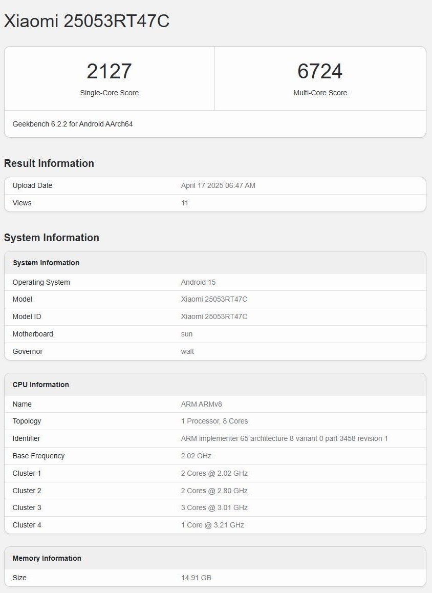 Résultats du test du prétendu Redmi Turbo 4 Pro sur Geekbench