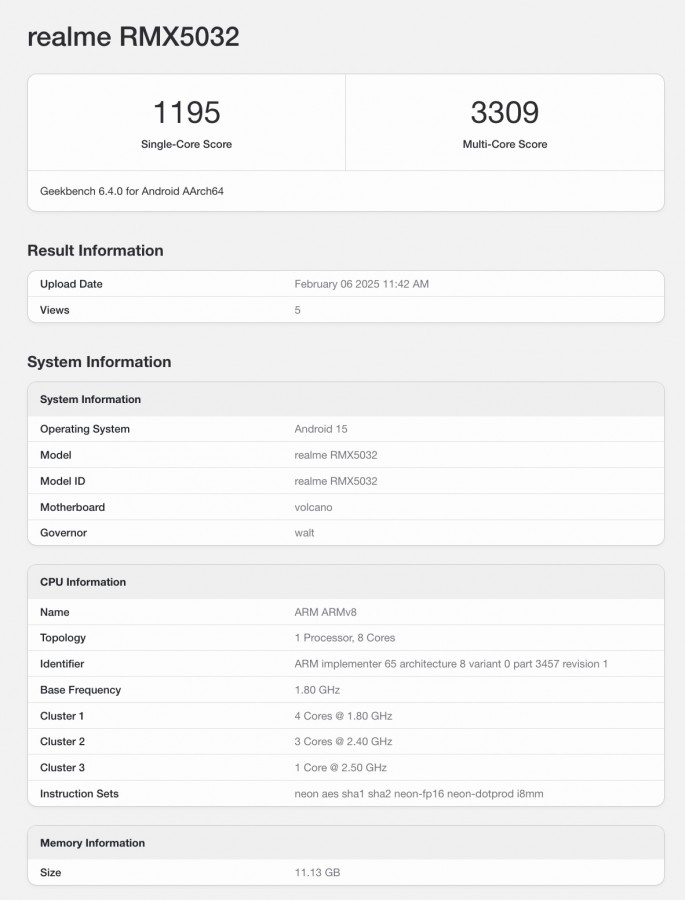 Résultats de Geekbench Résultats des tests de performance de Realme P3 Pro sur Geekbench