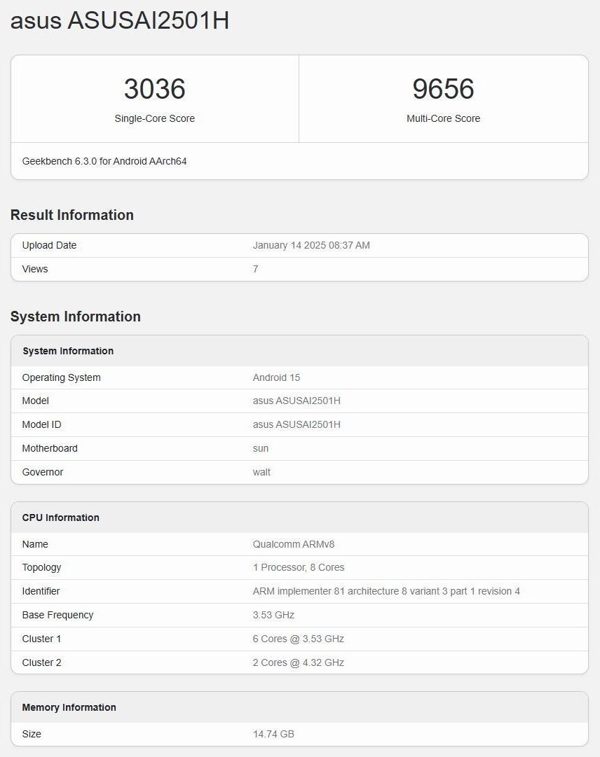 Résultats du test de l'Asus Zenfone 12 Ultra. Illustration : Geekbench