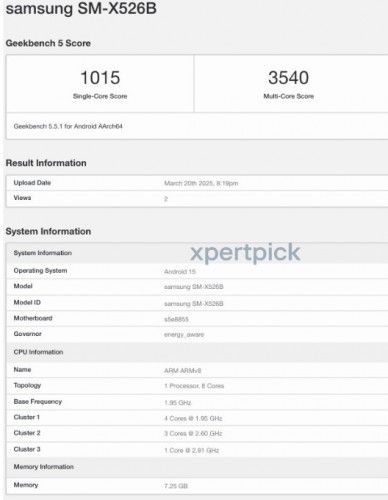 Galaxy Tab S10 FE (SM-X526B) sur Geekbench. Illustration : xpertpick