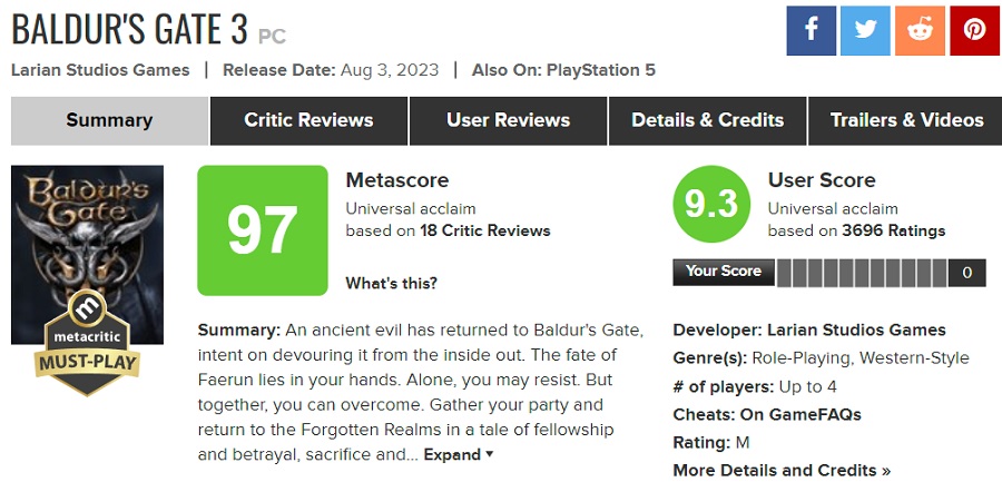 Succès colossal pour Larian Studios, Baldur's Gate 3 est devenu le jeu le mieux noté de 2023 et fait partie des meilleurs projets de l'histoire de Metacritic-2 Succès colossal pour Larian Studios, Baldur's Gate 3 est devenu le jeu le mieux noté de 2023 et fait partie des meilleurs projets de l'histoire de Metacritic-2