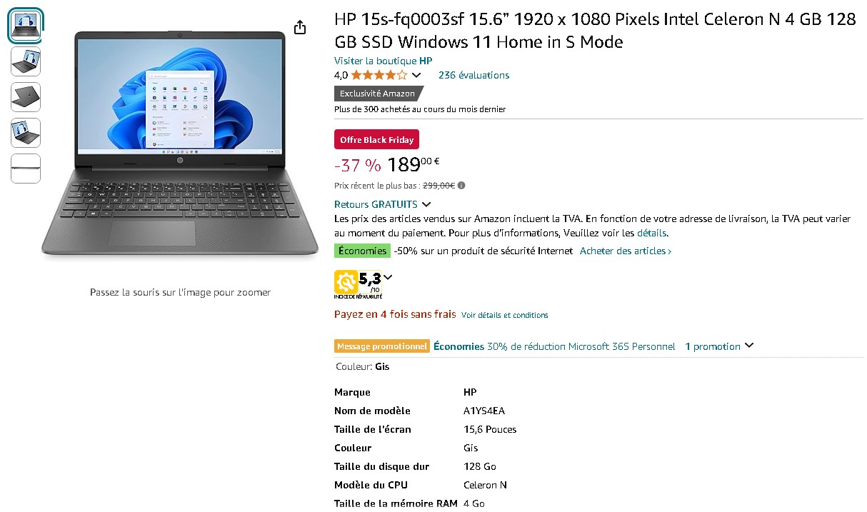 HP 15s-fq0003sf sur Amazon HP 15s-fq0003sf - PC portable avec écran Full HD