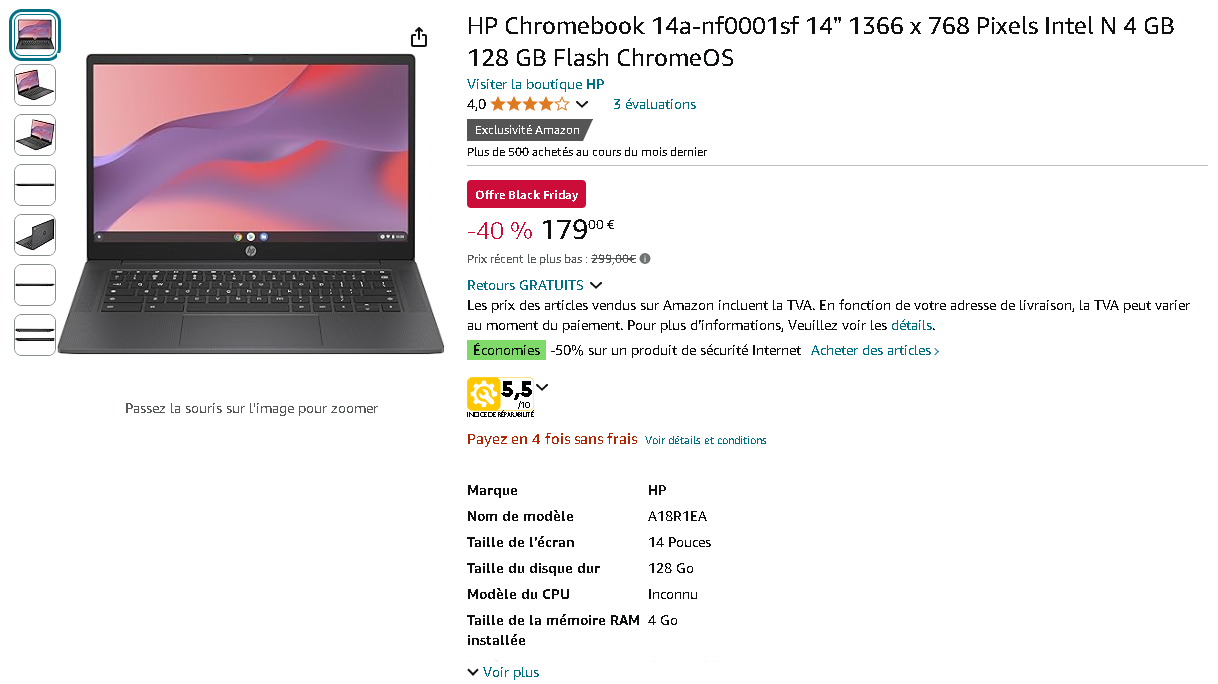 HP Chromebook 14a Image du HP Chromebook 14a montrant l'ordinateur portable