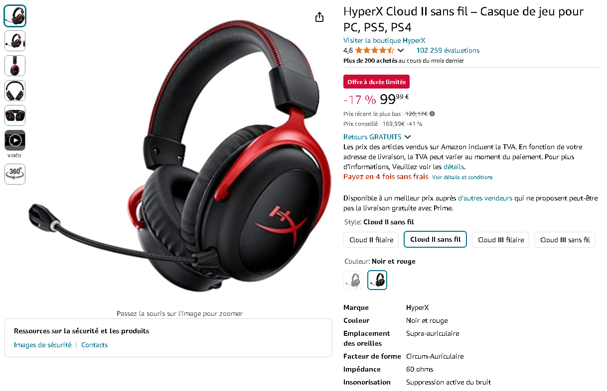 Capture d'écran de la page des HyperX Cloud II HyperX Cloud II casque gaming sans fil