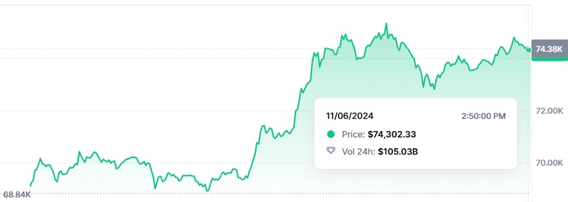 Le bitcoin bat un record : après la victoire de Trump, le prix des crypto-monnaies atteint 74,4 k$.-2 Le bitcoin bat un record : après la victoire de Trump, le prix des crypto-monnaies atteint 74,4 k$.-2