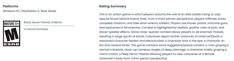Capture d'écran de la description du jeu sur le site de l'ESRB Capture d'écran de la description du jeu sur le site de l'ESRB