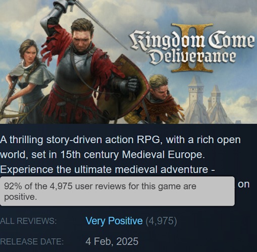 Notes de vapeur Les scores du jeu Kingdom Come : Deliverance II, source : Steam