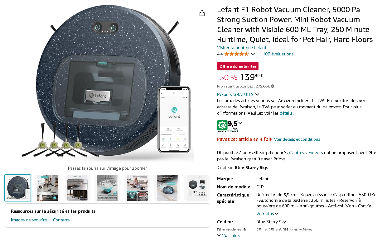 Robot Aspirateur Lefant F1P Capture d'écran du Robot Aspirateur Lefant F1P sur Amazon