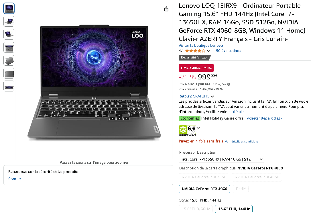 Lenovo LOQ 15IRX9 sur Amazon Capture d'écran du Lenovo LOQ 15IRX9 sur Amazon